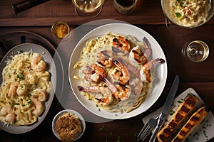 A plate of creamy fettuccine Alfredo with grilled shrimp and Parmesan cheese