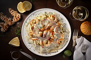 A plate of creamy fettuccine Alfredo with grilled shrimp and Parmesan cheese