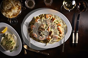 A plate of creamy fettuccine Alfredo with grilled shrimp and Parmesan cheese