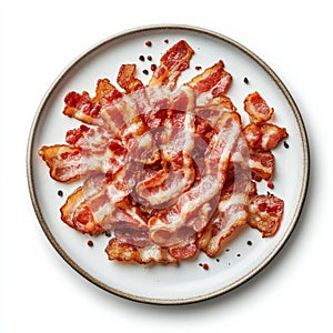 A plate of crispy bacon, isolated on a white background, emphasizing a