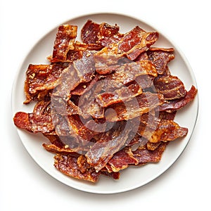 A plate of crispy bacon, isolated on a white background, emphasizing a