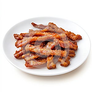 A plate of crispy bacon strips, isolated on a white background,