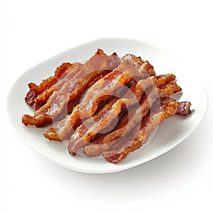 A plate of crispy bacon strips, isolated on a white background,