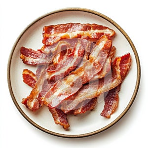 A plate of crispy bacon strips, isolated on a white background,