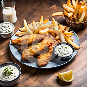 Plate of crispy and golden fish and chips with tartar sauce