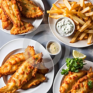 Plate of crispy and golden fish and chips with tartar sauce