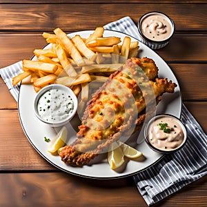 Plate of crispy and golden fish and chips with tartar sauce