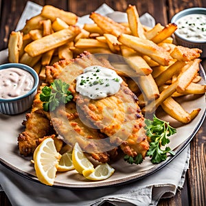 Plate of crispy and golden fish and chips with tartar sauce