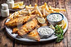 Plate of crispy and golden fish and chips with tartar sauce