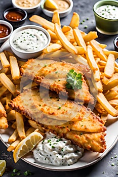 Plate of crispy and golden fish and chips with tartar sauce