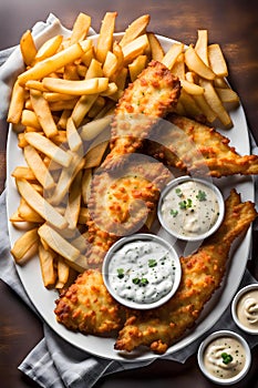 Plate of crispy and golden fish and chips with tartar sauce