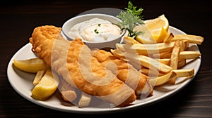 A plate of crispy and golden fish and chips with tartar sauce