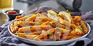 Plate of crispy seasoned french fries with parsley garnish