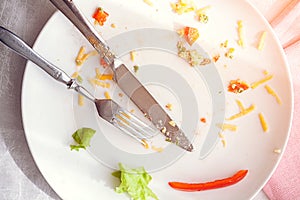 Plate with crumbs food and used fork photo