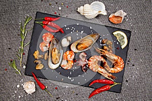 Plate of crustacean seafood with mussels, hrimps, oysters