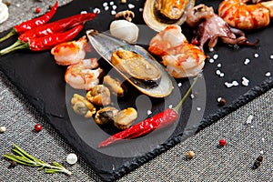 Plate of crustacean seafood with mussels, hrimps, oysters