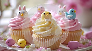 A plate of cupcakes decorated with pink frosting and yellow sprinkles, AI