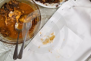 Plate of curry chicken and white shirt with curry stain.