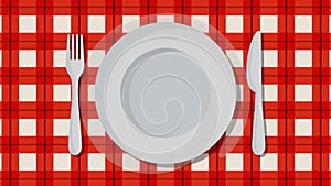 Plate and cutlery on red background. Vector illustration.