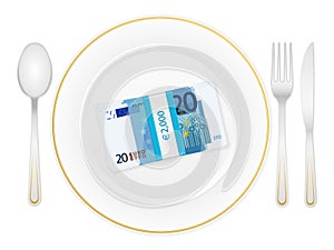 Plate cutlery and twenty euro pack