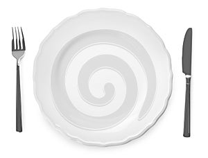 Plate and cutlery on white background, top view