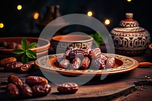 Plate of dates on table with candles in the background. Generative AI