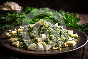 a plate of deconstructed pesto, with cheese, herbs and pine nuts visible