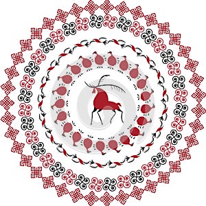 Plate with decorative elements folk art of northern region of Russia. Mezensky red firebird. Illustration, vector frame template photo