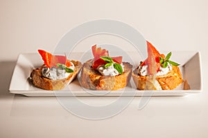 Plate of decorative salmon fish on bruschetta appetizer