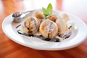 plate of deep-fried oreos with a scoop of vanilla ice cream