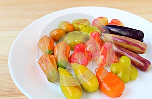 A Plate of Deletable Imitation Fruits or Kanom-Look-Choup, Famous Thai Traditional Marzipan Sweets