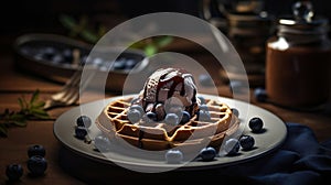 Plate of delicious Chocolate Belgian Waffles with ice cream and blueberry on table, generative ai