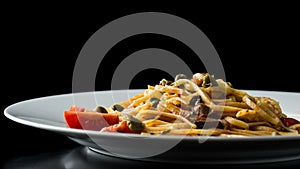 Plate of delicious Italian bavette pasta photo