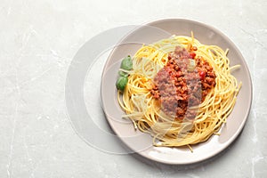 Plate with delicious pasta bolognese