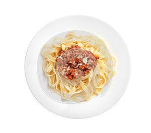 Plate with delicious pasta bolognese