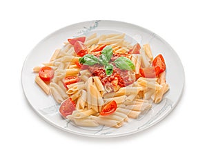 Plate of delicious pasta with bolognese sauce on white background