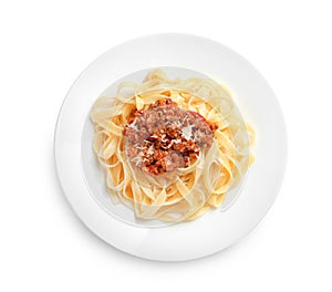 Plate with delicious pasta bolognese