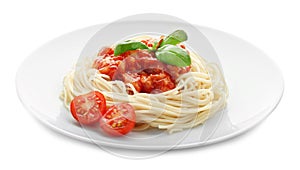 Plate of delicious pasta with tomato sauce on white background