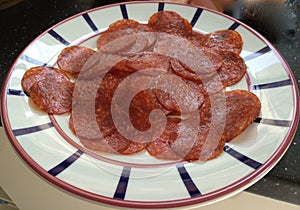 A plate of delicious sliced chorizo, a world famous spanish delicacy