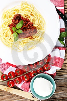 Plate of delicious spaghetti Bolognaise or Bolognese with savory