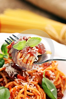 Plate of delicious spaghetti Bolognaise or Bolognese with savory minced beef and tomato sauce garnished with parmesan