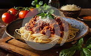 Plate of delicious spaghetti bolognese rustic italian restaurant food photography