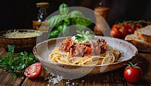 Plate of delicious spaghetti bolognese on wooden table food photography