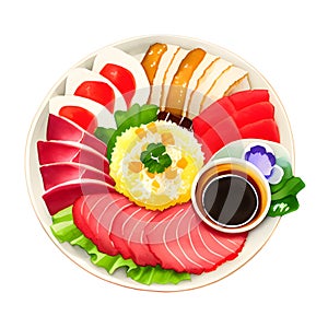 plate with delicious sushi and rolls isolated on white background. top view