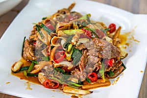 A plate of delicious and tempting stir-fried beef offal