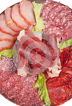 Plate with different meat delicacies isolated on white background. Shallow depth of field