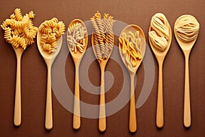 A plate of different types of pasta in wooden spoons