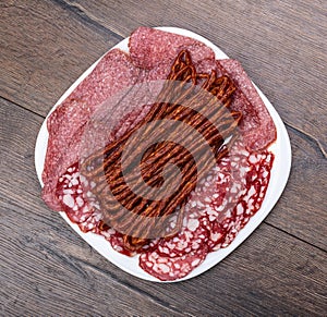 Plate with different types of sausage. Top view