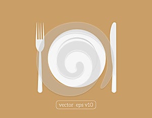 Plate dish with fork and knif. Eat sign icon