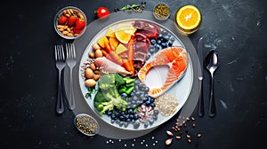 a plate divided into sections, a balanced diet that emphasizes the importance of the right types of fats, countering the